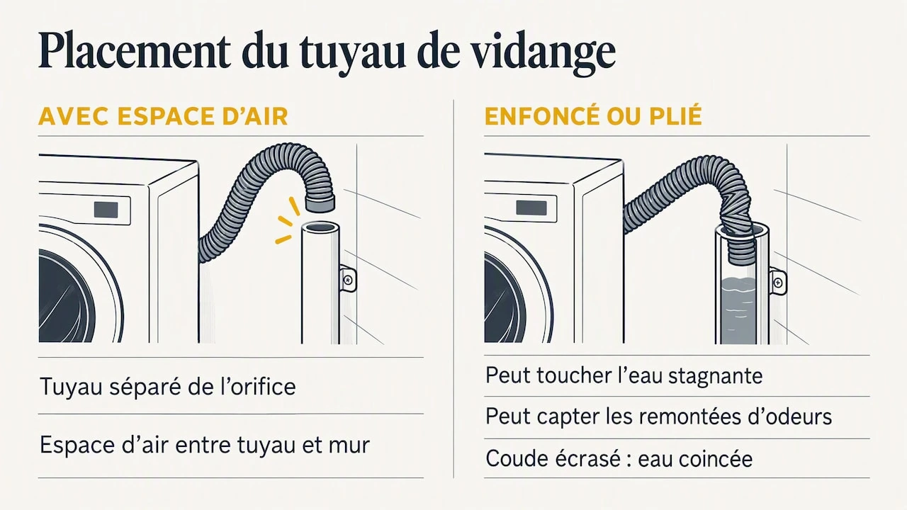 Bon et mauvais positionnement du tuyau de vidange