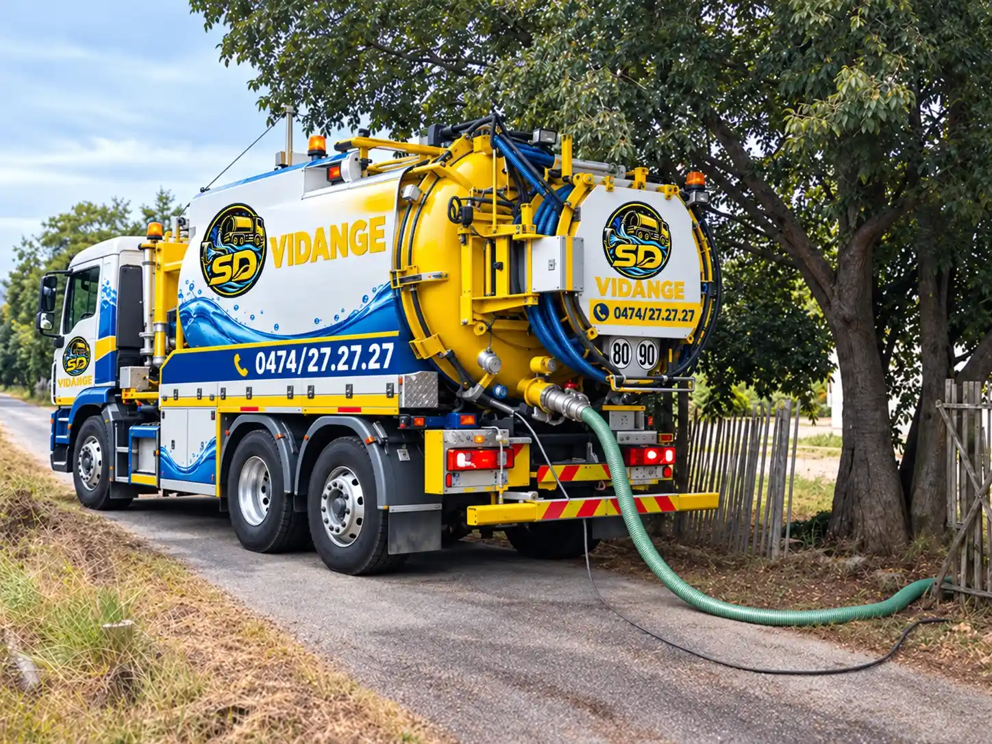 Camion SD Vidange avec citerne et flexible de pompage, stationné au bord d’une route
